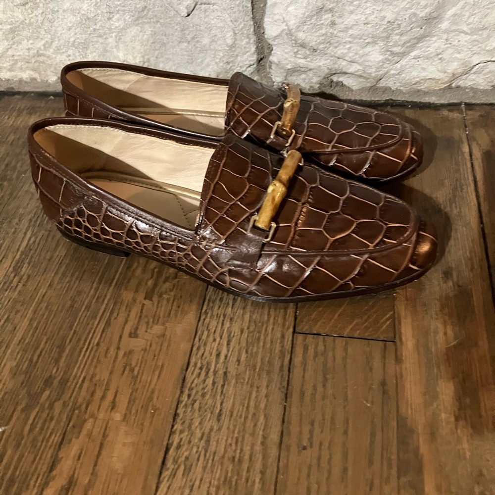 J. McLaughlin Dillon Croc-Embossed Leather Loafers  bamboo-style horsebit buckle